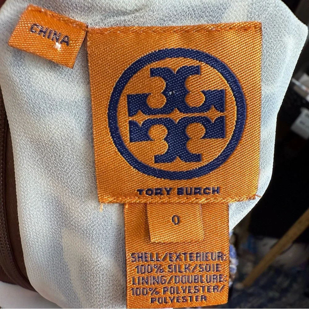 Tory Burch 100% Silk Dress Women's 0 Brown Blue Printed Sleeveless Classic Retro